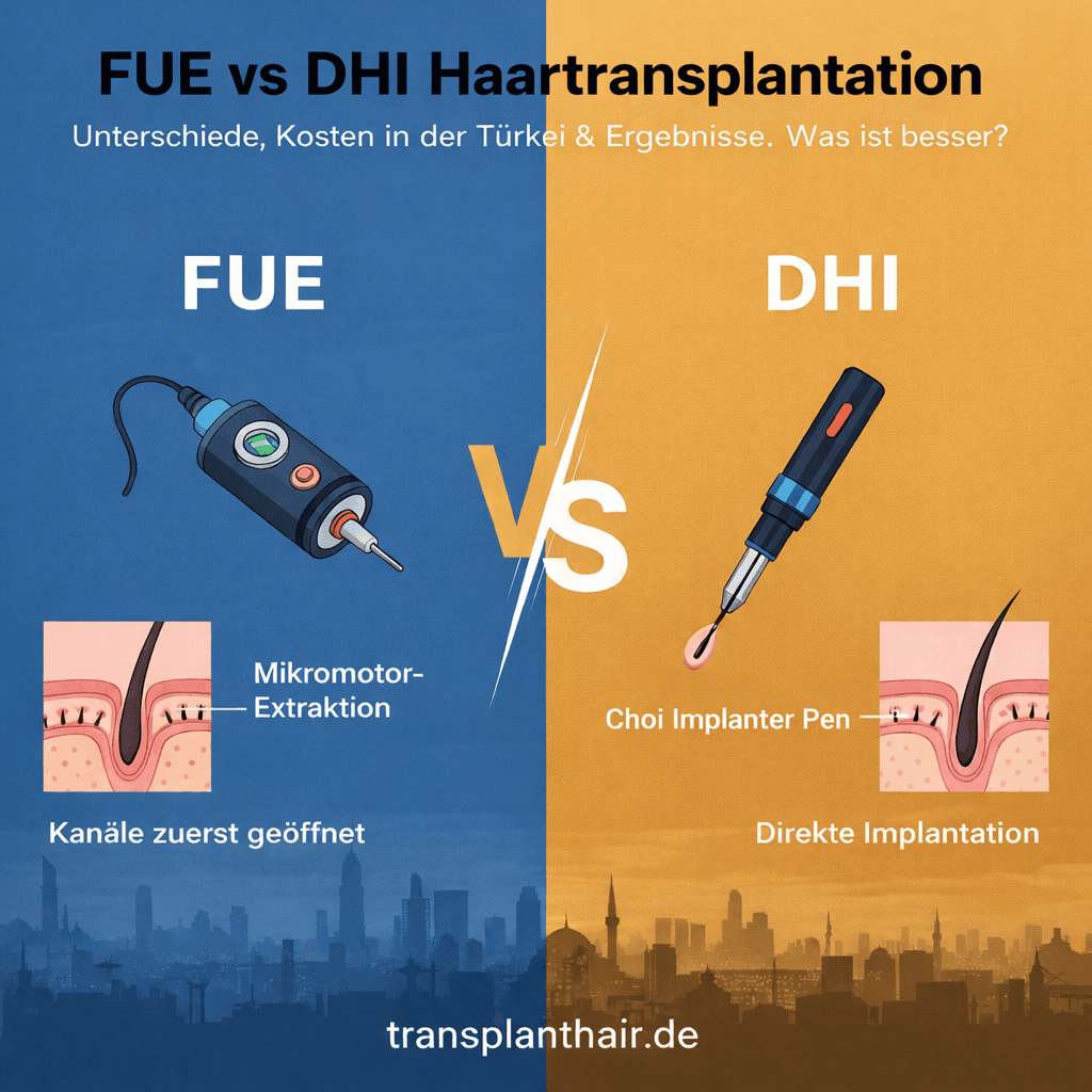 FUE vs. DHI-Haartransplantation: Unterschiede, Kosten in der Türkei, Ergebnisse und welche Methode besser ist