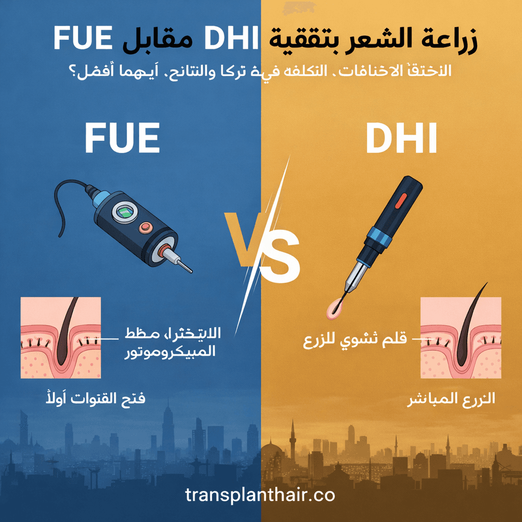 FUE مقابل DHI لزراعة الشعر: الفروقات، التكلفة في تركيا، النتائج، وأيهما الأفضل
